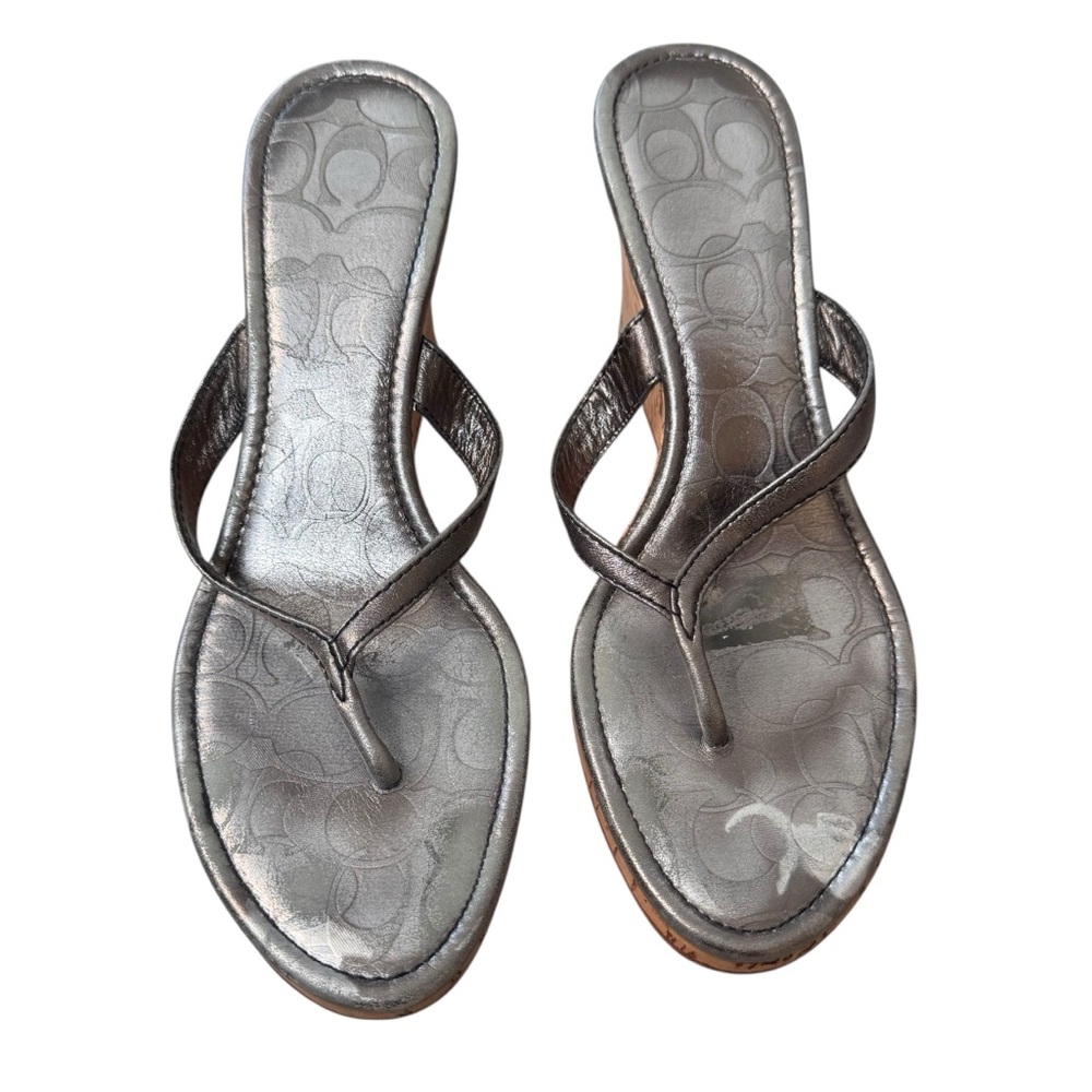 Coach Lannie Metallic Leather Cork Wedge Sandals 7.5 - Picture 2 of 13